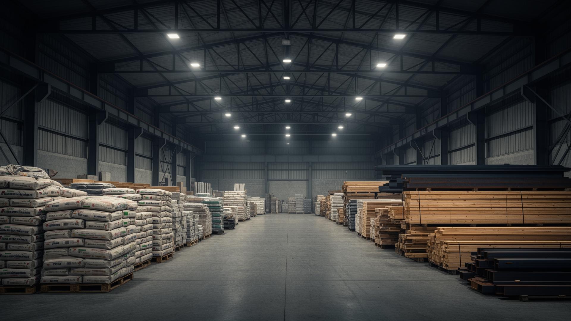 Industrial construction supply yard at dusk