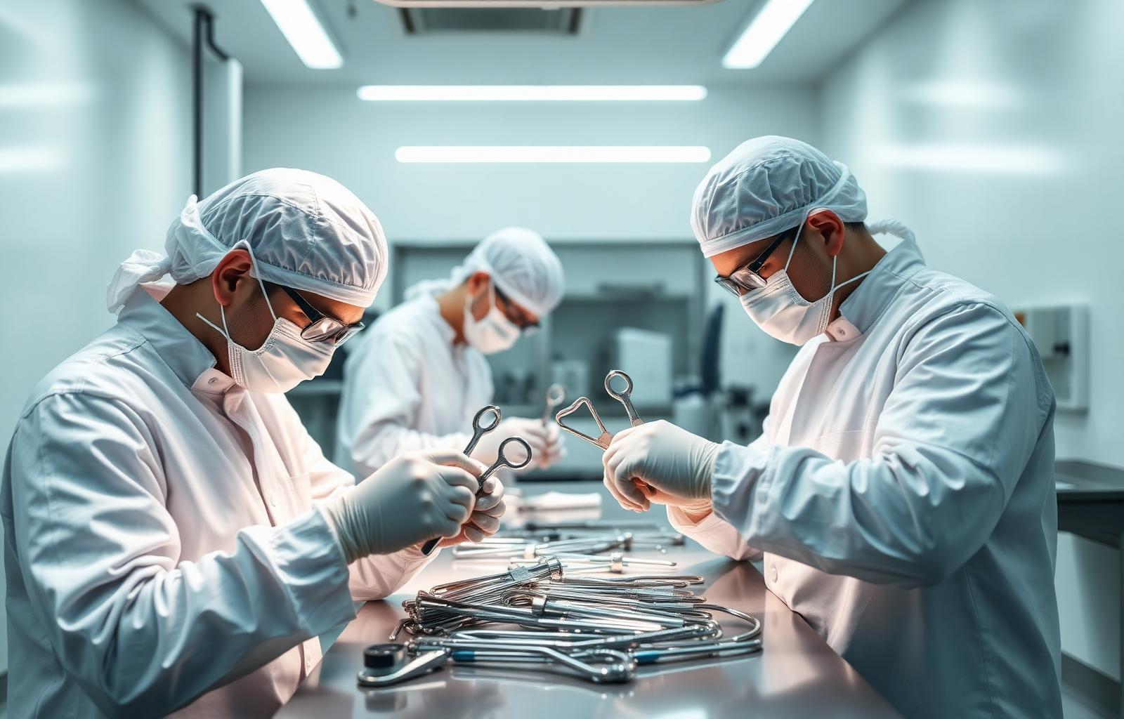 Cleanroom technicians assembling surgical instruments