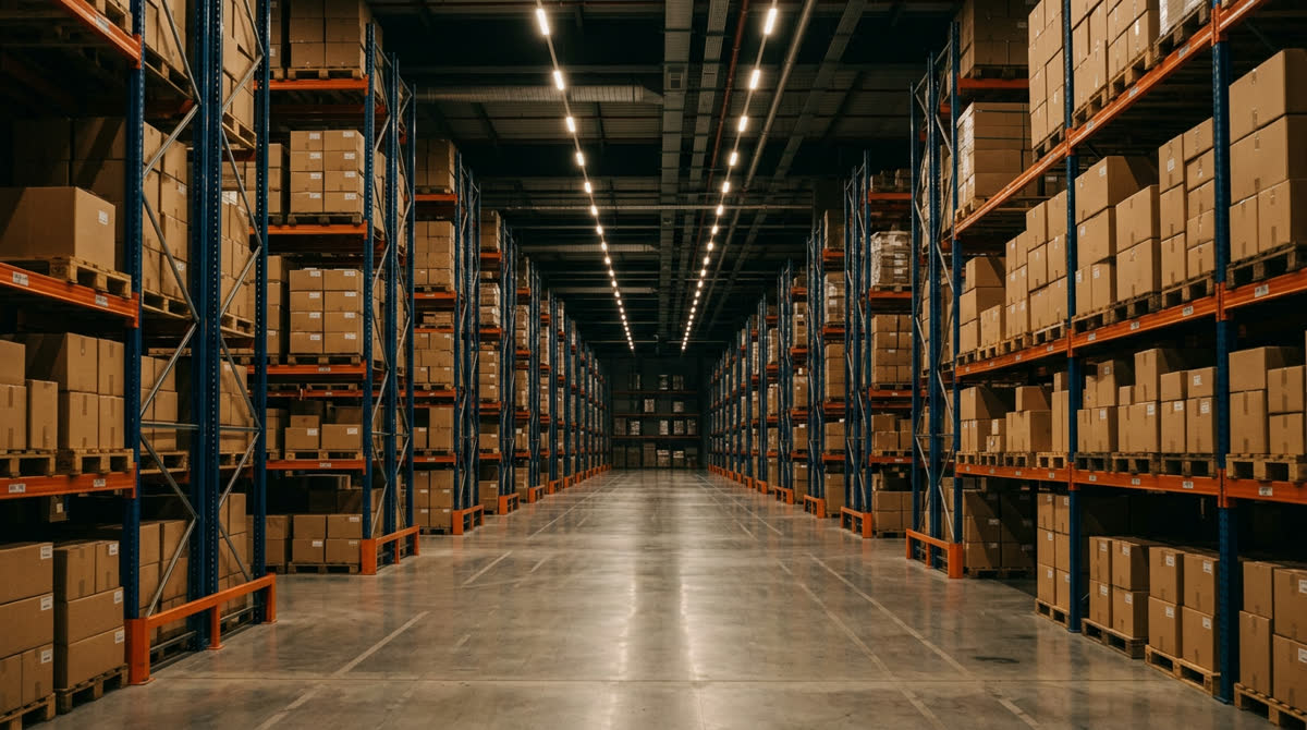 Warehouse fulfilment racks of branded boxes